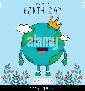 Happy Earth Tag Vektor Illustration Hintergrund. Happy Face niedlich Erde Cartoon. Happy Earth Day handgezeichnete Schriftzüge. Stock Vektor