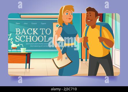 Zurück zur Schule Cartoon Landing Page mit Schülern in Schultaschen Stand im Klassenzimmer mit Tafel, Chemie und Mathematik Lerngeräte. Stock Vektor
