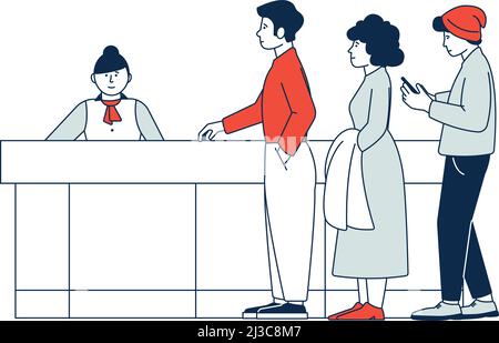 Empfangswarteschleife. Leute stehen Schlange an der Rezeption Stock Vektor