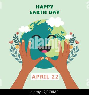 Happy Earth Tag Vektor Illustration Hintergrund. Happy Earth Tag Vektor Illustration Hintergrund. Happy Face niedlich Erde Cartoon. Frohes Tag der Erde Brief Stock Vektor