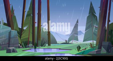 Wald bei Regen Tag Landschaft. Ruhige Natur mit Tannen, Felsen und Regentropfen, Pfützen auf dem Boden, Sommerholz Cartoon-Vektor illustrat Stock Vektor