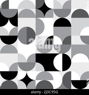 Retro 60er und 70er Jahre Stil Vektor nahtlose minimalistische Muster - 60er und 70er Jahre geometrisches Textil-Design mit Kreisen und abstrakten Formen in schwarz und weiß Stock Vektor