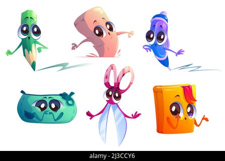 Schule liefert Comic-Figuren. Student Bildung Schreibwaren Maskottchen Bleistift, Schere, Radierer, Lehrbuch oder Stift-Box mit Lächeln kawaii Gesicht. Witzig e Stock Vektor