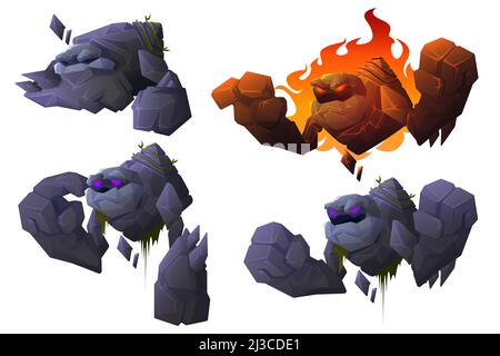 Golem Zeichentrickfigur, Steinmonster, Fabelwesen, Maskottchen mit starken Händen, glühenden Augen und felsigen Körper. Brennender Riese mit Lava und Flamme. F Stock Vektor