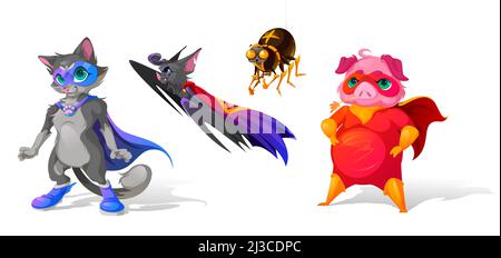 Superhelden Tiere Comic-Figuren. Lustige Katze in blauer Maske und Pfotenschnalle am Cape, Fledermaus mit erhobenem Arm, Spinne und fette Schwein tragen roten Mantel. Comic Mas Stock Vektor