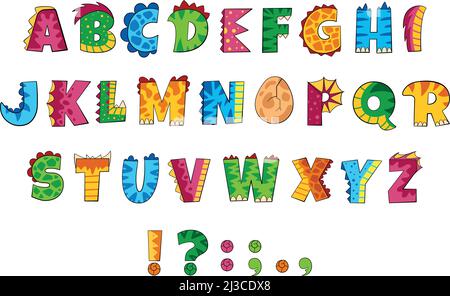 Dinosaurier-Alphabet. Zeichentrickbriefe. Lustige Kinder, abc Stock Vektor