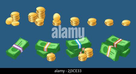 Geldbargeldsymbole in Stapeln mit unterschiedlicher Anzahl von Münzen und Scheinen. Vektor-Cartoon-Satz von Bankwährung mit grünen Banknoten in Bündeln und goldenen CO Stock Vektor