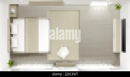 Schlafzimmer, Innenansicht von oben, modernes 3D Haus- oder Hotelzimmer, leeres Apartment mit Kingsize-Doppelbett, Nachttisch mit Lampe, Regal, Lappen und fernseher auf Wal Stock Vektor