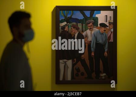 Malaga, Spanien. 07. April 2022. Während der Eröffnung der Ausstellung ist ein Gemälde an einer Wand zu sehen: "Eine Zeit für sich. Befreien Sie sich von den Fesseln des Alltags' in Malaga. Das Centre Malaga Centre Centre Centre Centre präsentiert seine neue semi-permanente Ausstellung mit verschiedenen Gemälden, Skulpturen, Installationen und anderen Werken. Die Sammlung ist Teil des Musée national d'Art moderne aus dem Museum Pompidou-Paris. Die Ausstellung läuft vom 07. April bis zum 15. Oktober 2023. (Foto von Jesus Merida/SOPA Images/Sipa USA) Quelle: SIPA USA/Alamy Live News Stockfoto