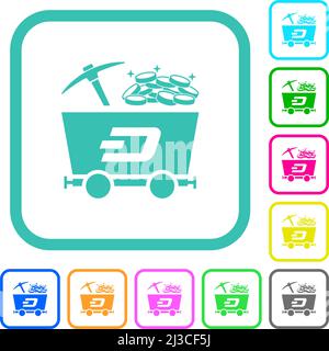 Dash Kryptowährung Mining mit Schatz lebendige farbige flache Symbole in gebogenen Rändern auf weißem Hintergrund Stock Vektor