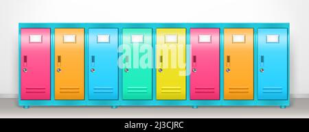 Schließfächer aus Stahl mit farbigen geschlossenen Türen im Schulflur oder Umkleideraum im Fitnessstudio. Vektor realistisches Interieur mit einzelnen Metallschränken mit Keyh Stock Vektor