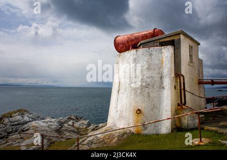 Nebelhorn am Eilean Glas Lighthouse auf Scalpay, Isle of Harris Schottland Stockfoto