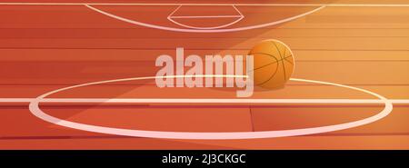 Basketballball auf dem Boden des Schulgymnasiums aus Holz mit weißem Aufdruck. Innenhof, Sportarena oder Halle für Mannschaftsspiele, Hallenstadion illumina Stock Vektor