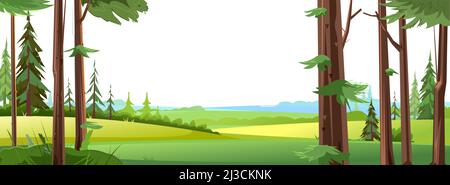 Blick auf ländliche Felder und Wiesen. Bauerngarten. Wunderschöne Nadelbäume. Sommer ländliche Landschaft. Illustration im Cartoon-Stil flache Design Stock Vektor