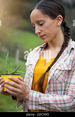 Porträt einer Frau, die die Aloe Vera Pflanze betrachtet, die sie in ihren Händen in einem gelben Blumentopf hält. Gartenarbeit Stockfoto