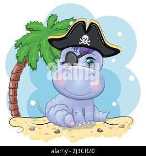 Hippopotamus Pirat, Cartoon-Charakter des Spiels, wildes Tier in einem Bandana und ein gespannter Hut mit einem Schädel, mit einem Augenfleck.Charakter mit hellen Ey Stock Vektor