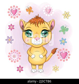 Cartoon-Löwin mit ausdrucksstarken Augen. Wilde Tiere, Charakter, kindisch niedlichen Stil Stock Vektor
