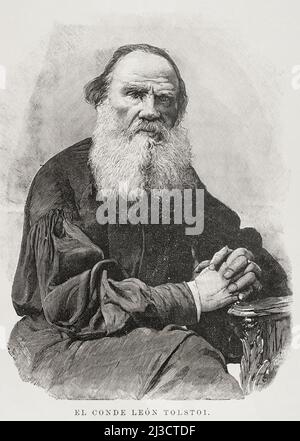 Leo Tolstoi (Lew Nikolajewitsch Tolstoi) (1828-1910). Russischer Schriftsteller. Hochformat. Gravur von Carretero. La Ilustración Española y Americana, 1898. Stockfoto