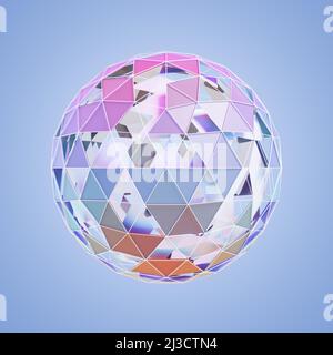 Abstrakte Kugel, die aus geriemten Dreiecken besteht, fehlt etwas. Blauer Vignettenhintergrund Stockfoto