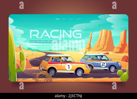 Rennen in Wüste Cartoon Landing Page, Rennwagen-Turnier, Auto Rallye-Wettbewerb, Fahrer in Autos Straße Strecke in Grand Canyon Landschaft. Rennen Stock Vektor