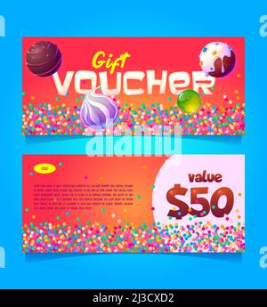 Geschenkgutschein-Vorlage mit Süßigkeiten und Wert. Vektor-Gutschein für Süßwarenladen, Bäckerei, Café oder Restaurant mit Süßigkeiten und Bubblegums auf rotem Hintergrund. P Stock Vektor