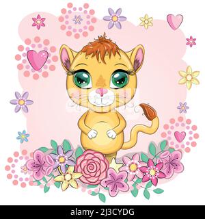 Cartoon-Löwin mit ausdrucksstarken Augen. Wilde Tiere, Charakter, kindisch niedlichen Stil Stock Vektor