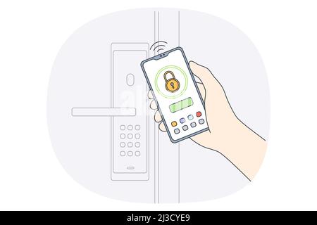 Sicherheitskontrolle und Entsperrkonzept. Smartphone mit menschlicher Hand und persönlichen Daten sowie Vektorgrafik zum Entriegeln der Tür Stock Vektor