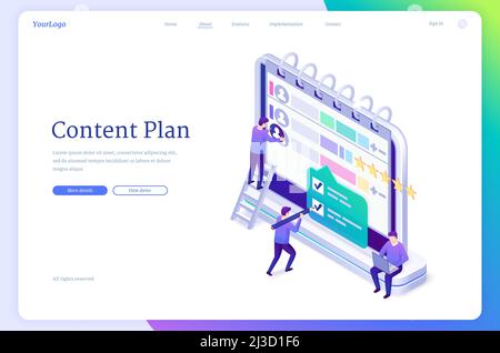 Inhaltsplan isometrische Landing Page. Arbeitsorganisation in sozialen Medien, Publikationsmanagement-Konzept. Kleine Leute, die um riesigen Computerschreen herum arbeiten Stock Vektor