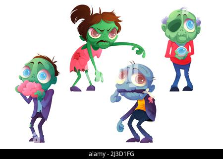 Cartoon Zombie halloween Figuren, lustige Horror Maskottchen essen Gehirn, halten Augenball, Kauarm und gehen mit erhobenen Händen. Gruseliger toter Monst Stock Vektor