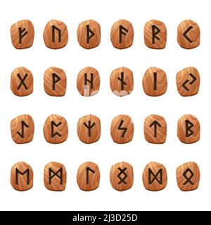 Satz von Spielrunen, nordisches antikes Alphabet, wikinger keltische Futark-Symbole, die auf Holzstücken graviert sind. Esoterische okkulte Zeichen, mystisches ui oder gui Design ele Stock Vektor