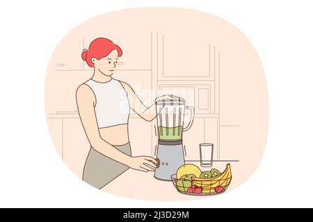 Gesundes Essen und Lifestyle-Konzept. Junge lächelnde schlanke Frau steht und macht grüne Smoothies mit frischem Obst und Gemüse in Mixer in der Küche Vektor-Illustration Stock Vektor