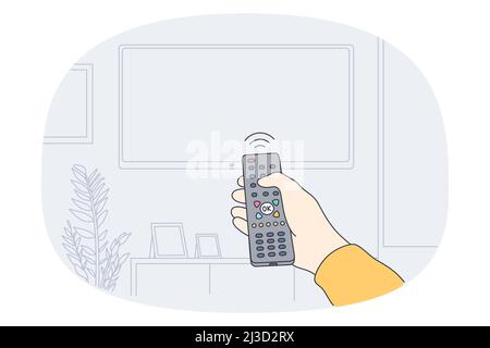Fernbedienung und Entertainment-Konzept. Menschliche Hand hält die Fernbedienung und schaltet den Fernseher ein, der an der Wand hängt, Vektorgrafik Stock Vektor