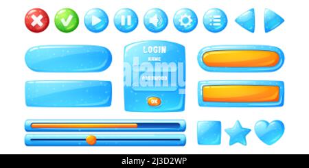 Knöpfe mit blauer Gelee-Textur für User Interface Design im Spiel. Vektor Cartoon Satz von ui-Elemente aus Wasser mit Blasen, Kontrollkästchen, stoppen, spielen ein Stock Vektor