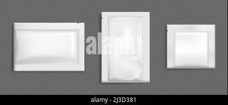 Beutel, Beutel mit Vektorsäcken, Feuchttücher, weißes Papier oder Folienverpackungen. Isolierte leere Verpackungen für Lebensmittel, Zucker, Salz, Kaffee oder Kosmetikproben auf t Stock Vektor