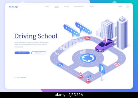 Fahrschule isometrische Landing Page, Schüler Fahrer Pass Prüfung auf Trainingswagen auf der Stadtstraße mit Verkehrskegel, Ring, Parkzone und Markup. Schulen Stock Vektor