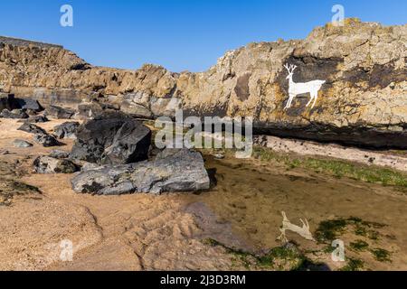 Stag Rock und seine Spiegelung in einem Felsenpool am Bamburgh Beach, Northumberland, England Stockfoto