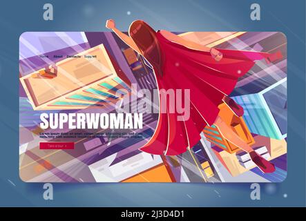 Superwoman Cartoon Landing Page, Superhelden Mädchen in rotem Umhang fliegen mit erhobener Hand in Himmel über der modernen Stadt. Starke weibliche Figur bereit für Fea Stock Vektor