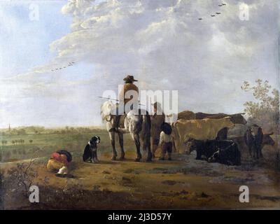 Aelbert Cuyp. Gemälde mit dem Titel „Ein Reiter mit einem Kuhhirten und zwei Jungen in einer Wiese und sieben Kühe“ des niederländischen Malers des Goldenen Zeitalters, Aelbert Jacobszoon Cuyp (1620-1691), Öl auf Leinwand, 1655-60 Stockfoto