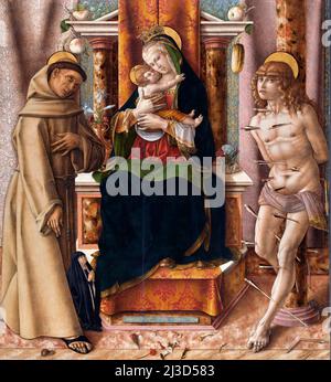 Die Jungfrau und das Kind mit den Heiligen Franziskus und Sebastian von Carlo Crivelli (ca. 1430-1435 - ca. 1495), Ei und Öl auf Pappel, 1491 Stockfoto