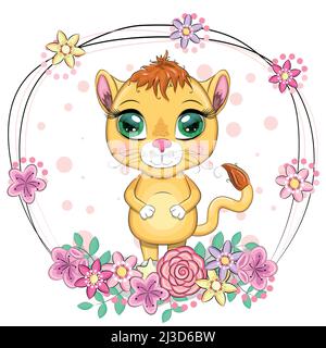 Cartoon-Löwin mit ausdrucksstarken Augen. Wilde Tiere, Charakter, kindisch niedlichen Stil Stock Vektor
