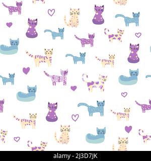 Nahtloses Kindermuster mit lustigen bunten Katzen und Regenbögen. Kreative skandinavische Kindertextur. Meow-Inschrift Stock Vektor