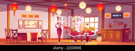 Kellnerin und Neujahrslöwe im chinesischen Restaurant. Vektor-Cartoon-Illustration von china Café mit Menschen in traditionellen Karnevalskostüm und Mädchen mit Stock Vektor