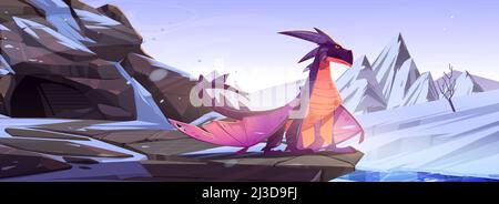 Winterdrache auf Felsen in verschneiten Bergen. Cartoon Fantasy-Charakter, magische Kreatur beobachten Gebiet. Märchenfliegendes Tier, Buch Stock Vektor
