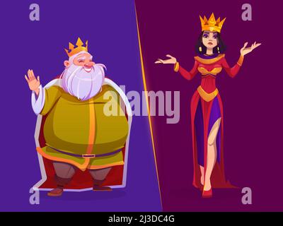 König und Königin mittelalterlichen königlichen Familie Zeichen. Monarchie Ehemann und Ehefrau in Goldkronen und Luxus-Dressing, Märchenreich Persönlichkeiten, Spiel oder h Stock Vektor