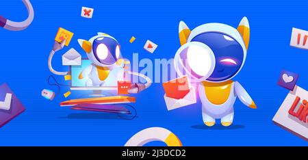 Sicherheit Roboter Cartoon-Figuren. Niedliche Chatbots, künstliche Intelligenz-Technologie, Droiden, futuristische ai Cyborg am pc-Desktop, Informationsforschung Stock Vektor