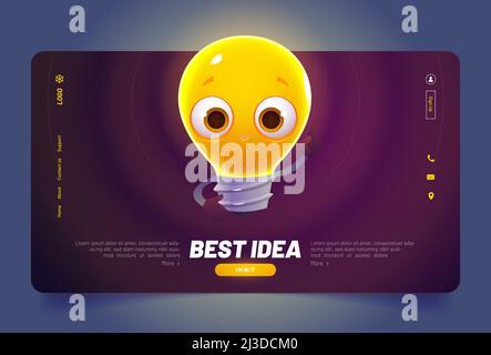 Beste Idee Banner mit niedlichen Glühbirne Charakter. Konzept kreativer Lösungen und Innovation. Vektor Landing Page mit Cartoon-Illustration von lustig Stock Vektor