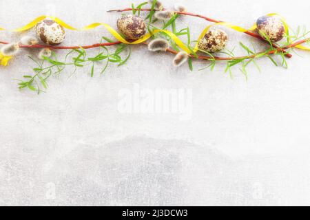 Festliche Ostergrenze, Rahmen aus ostereiern und Frühlingsblume auf grauem Hintergrund. Stilvolles, flaches Osterlack Stockfoto