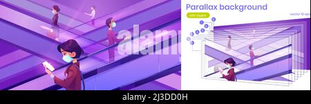 Parallax 2D Hintergrundmenschen in medizinischen Masken auf Rolltreppen im Einkaufszentrum. Bewegliche Treppe, die Männer und Frauen während des covid 19 Pandemie-Vec Stock Vektor