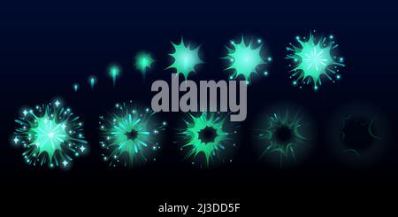 Feuerwerk explodieren Effekt für Spiel-Animation, Burst Sprites, Benutzeroberfläche GUI-Elemente für Videospiele, Computer oder Web-Design. Explosionsrahmen, blau Stock Vektor