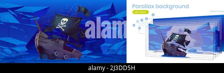 Parallax Hintergrund für Spiel, versunkenes Piratenschiff mit schwarzen Segeln und Flagge mit Totenkopf und Kreuzknochen auf Meeresboden. Cartoon-Vektor unter Wasser 2D Länder Stock Vektor